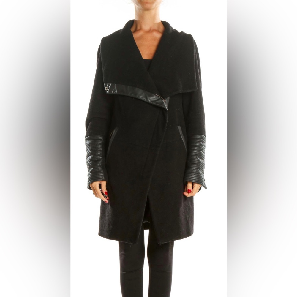 Black wool coat with pleather detailing.